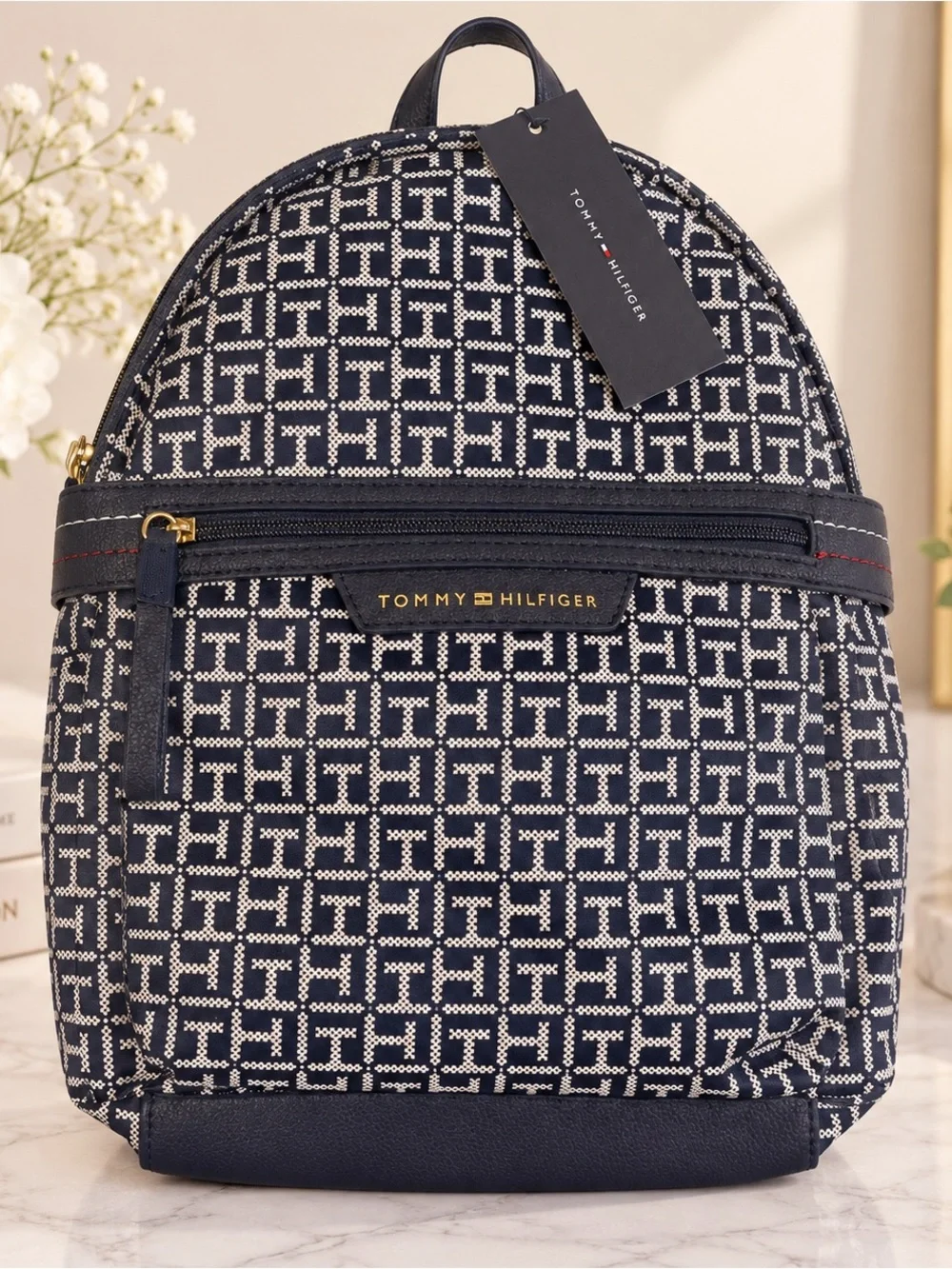 Tommy Hilfiger Navy White Monogram Mini Backpack NWT